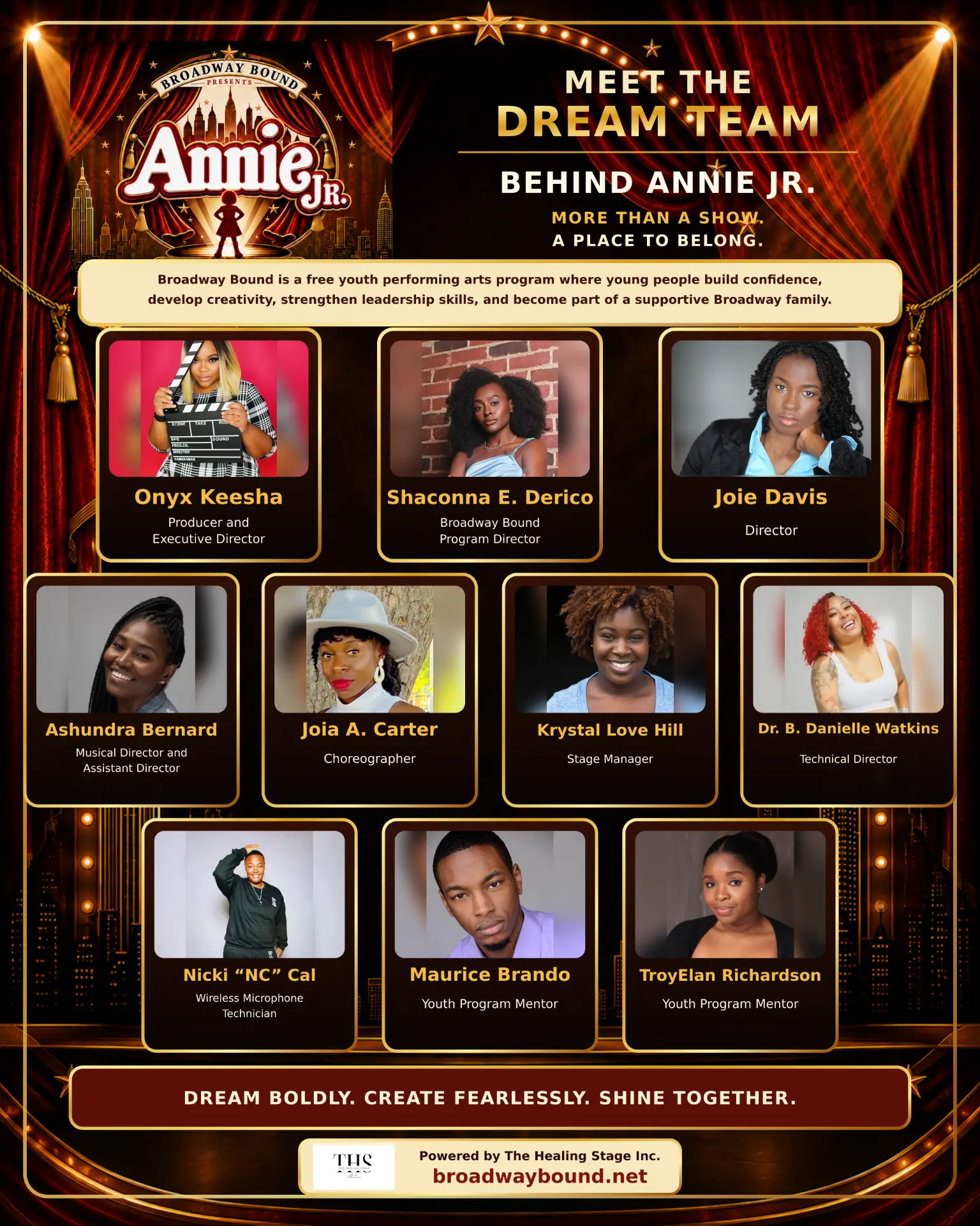 Meet the Dream Team behind Annie Jr. graphic featuring portraits of the ten members of the Broadway Bound creative and production team