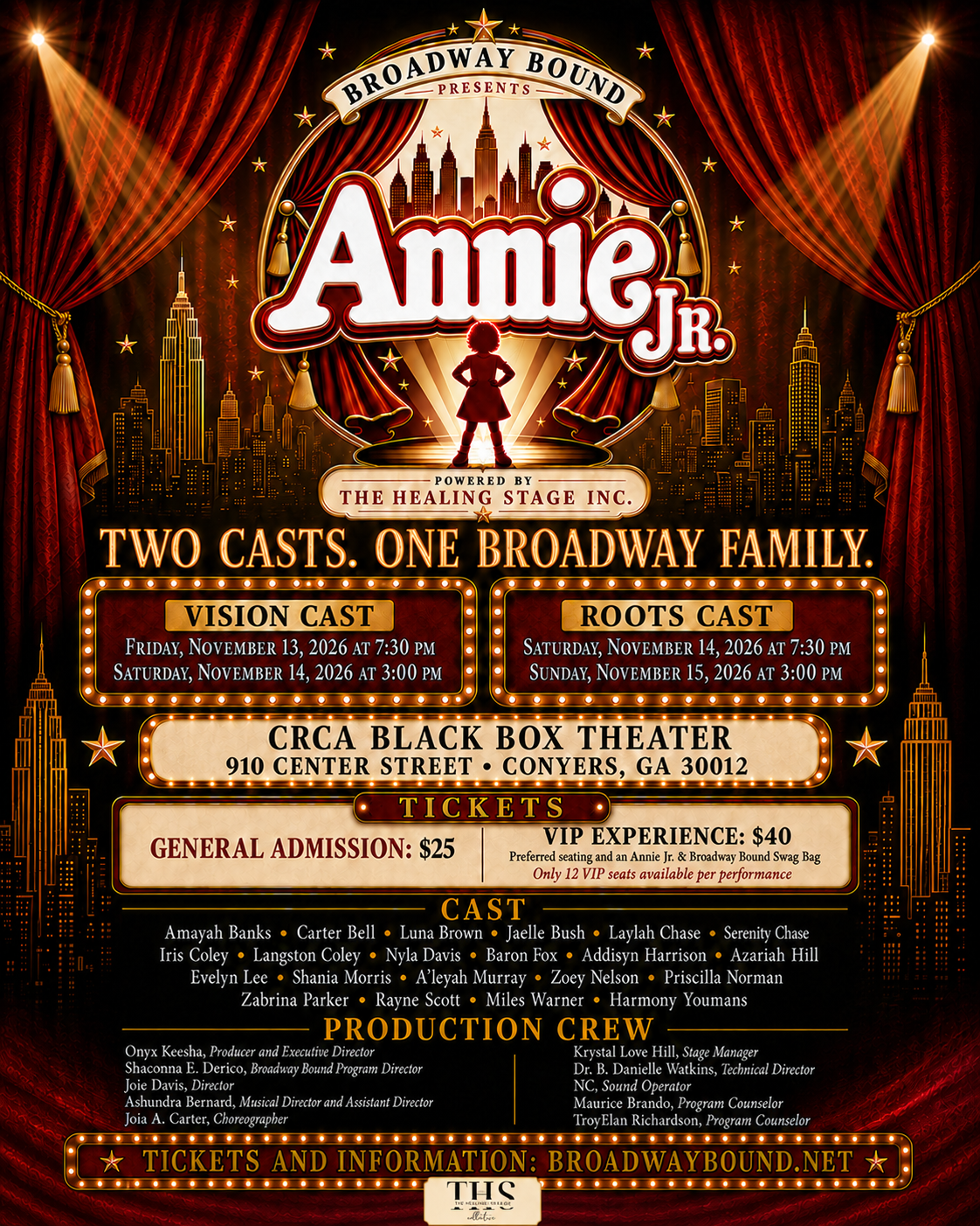 Official Annie Jr. show poster listing the Vision Cast and Roots Cast performances, ticket prices, cast, and production crew